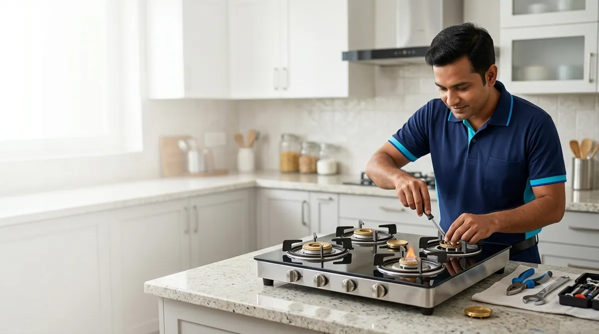 Samar Gas Stove Care technician servicing a gas hob